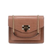 Geanta dama din piele naturala lacuita cu textura croco DiAmanti Sofia Roz Somon